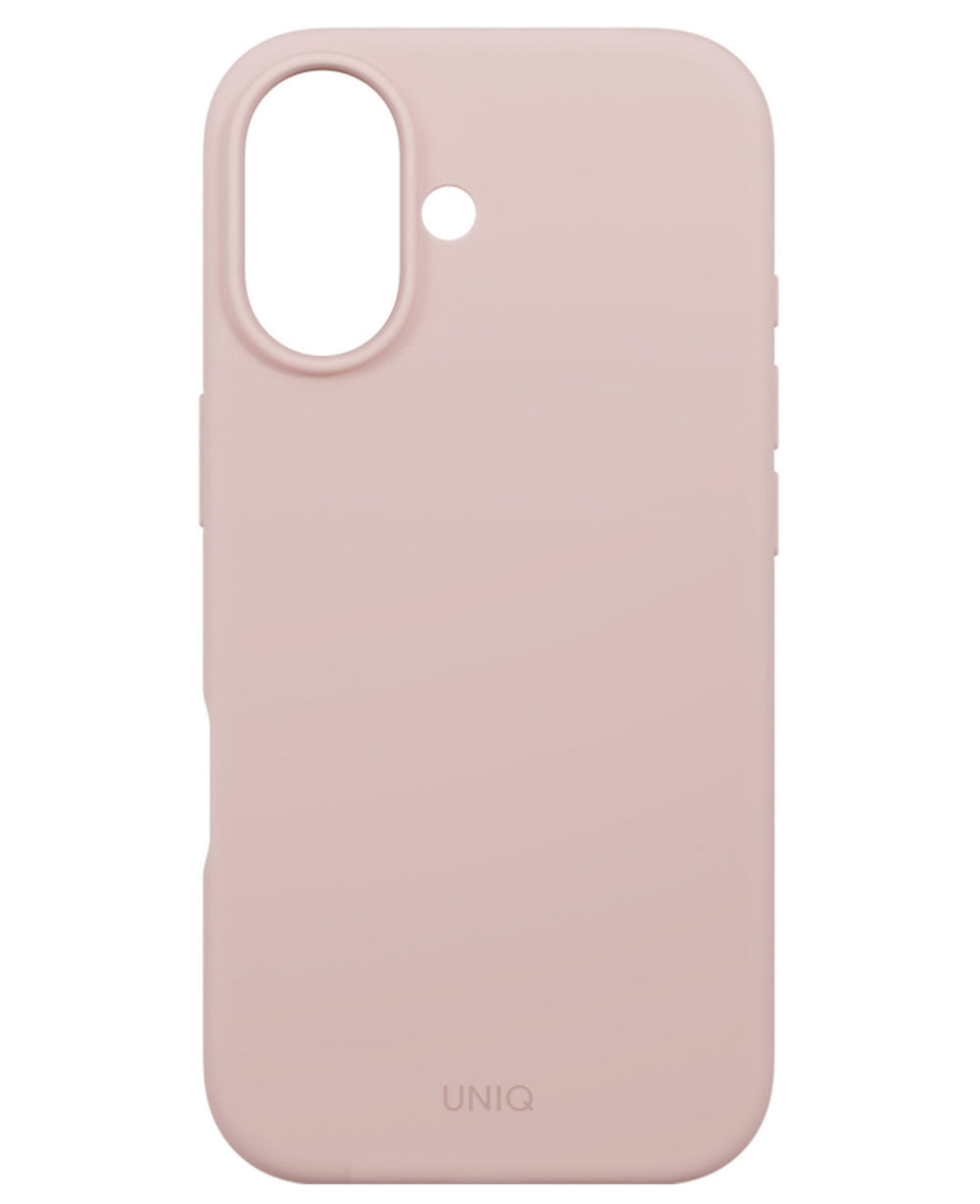 Pembe renkli, Magsafe uyumlu Uniq Lino Hybrid iPhone 17 kılıfı.