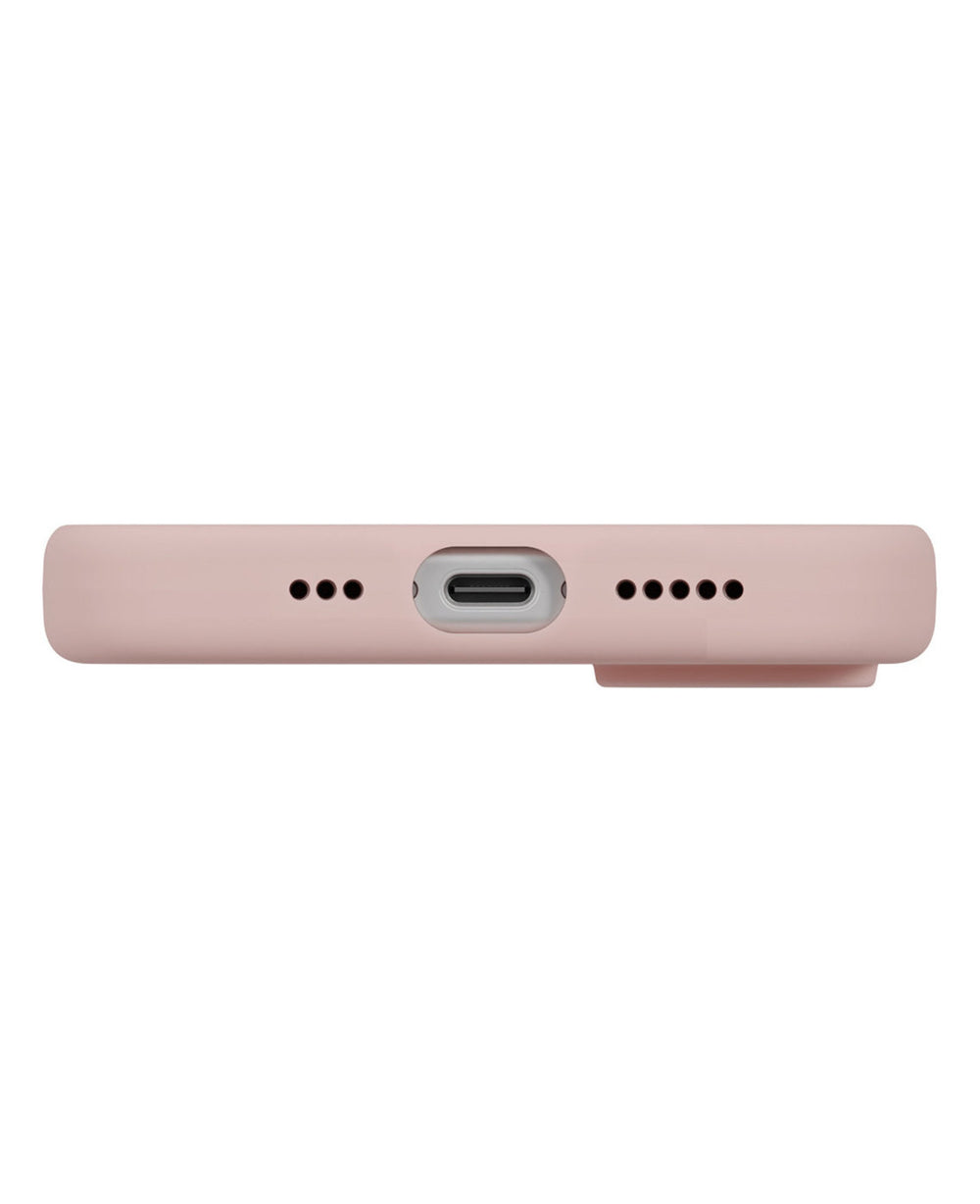 Pembe StrapG Uniq Lino Hybrid Magsafe kılıfın iPhone 17 için alt kısmı, şarj portu ve hoparlör delikleri görünüyor.