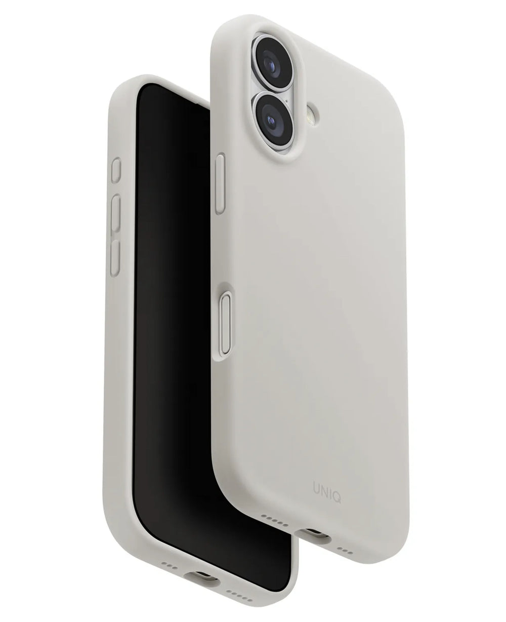 iPhone 17 uyumlu Uniq Lino Hybrid Magsafe kılıfı, pembe renkte, telefonun arkasını ve yanlarını gösteriyor.