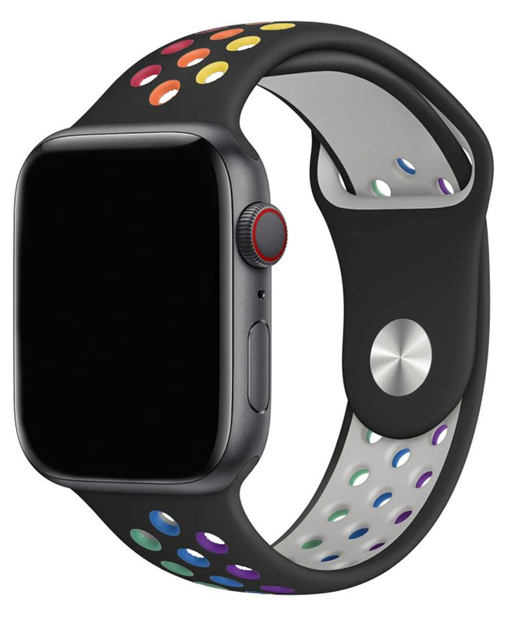 Apple Watch Uyumlu Delikli Spor Silikon Trou Loop Kordon - Rainbow Siyah - Strapg