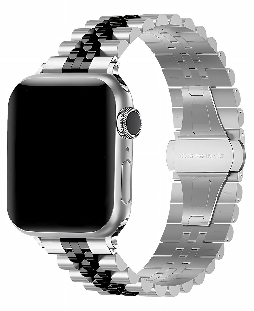 Apple Watch Uyumlu Metal Paslanmaz Celik Jubilee Loop Kordon - Gümüş Siyah - Strapg