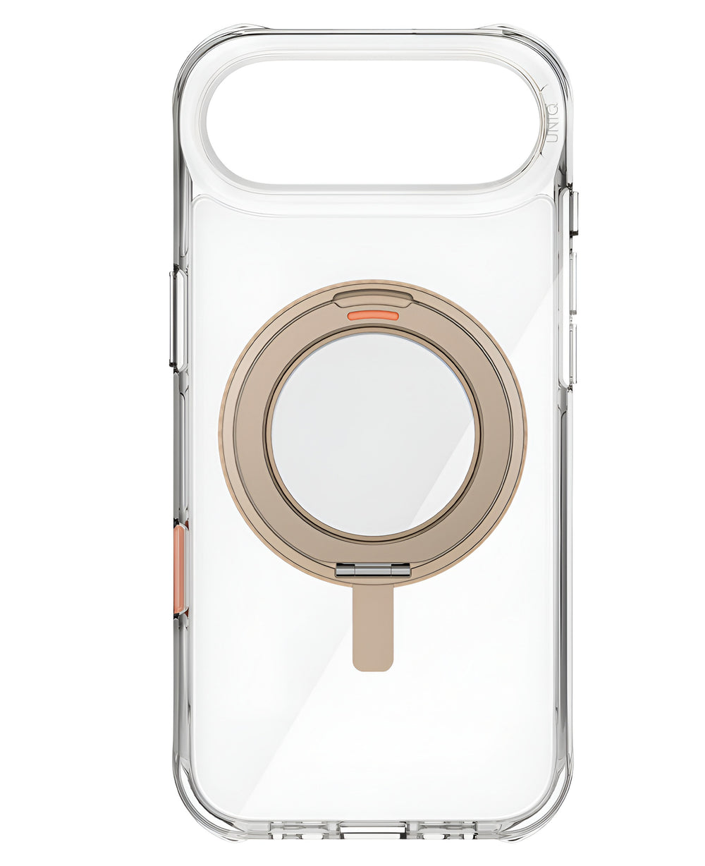iPhone 17 Air uyumlu StrapG Uniq Swivix şeffaf kılıfın arkasında dönebilen siyah standı var.