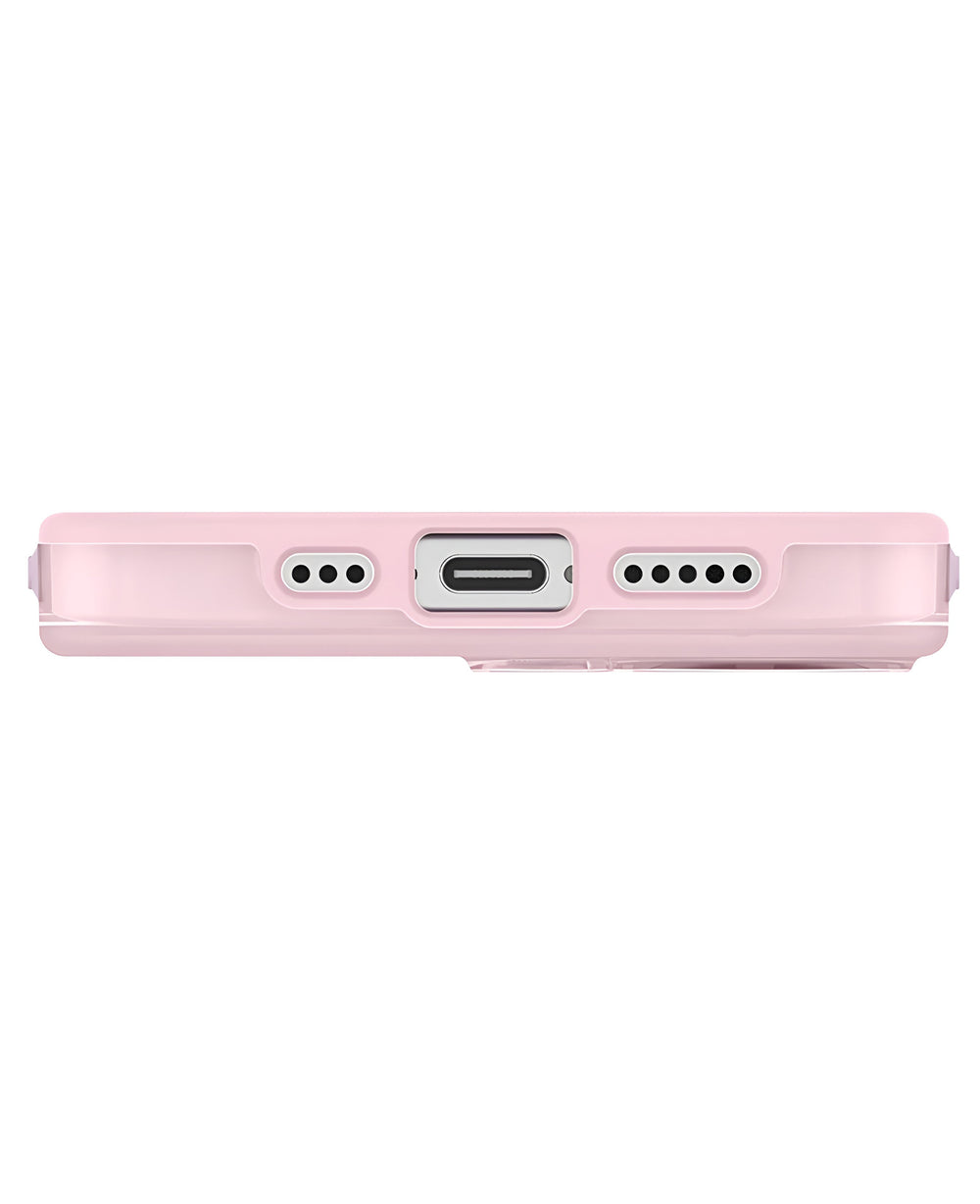 Pembe StrapG Uniq Clario Magsafe iPhone 17 kılıfının alt kenarı, şarj portu ve hoparlör delikleri görünüyor.