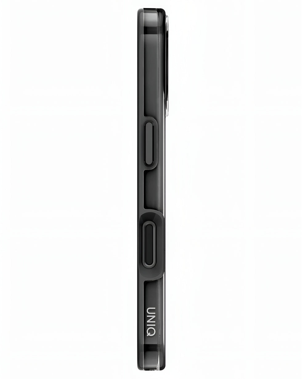 iPhone 17 uyumlu Uniq Clario Magsafe kılıfın yan görünümü, şeffaf pembe rengi ve düğmeleriyle.