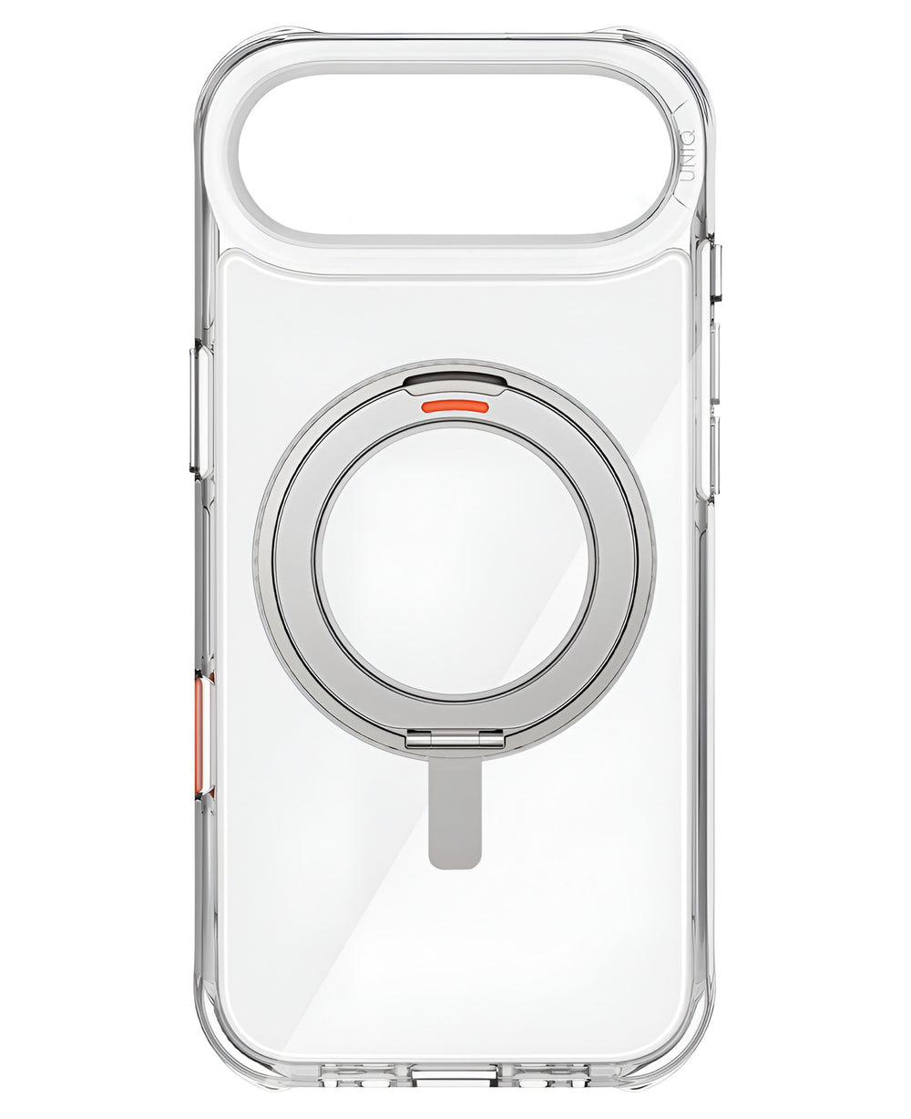 iPhone 17 Air için şeffaf Uniq Swivix dönebilen destekli kılıf.