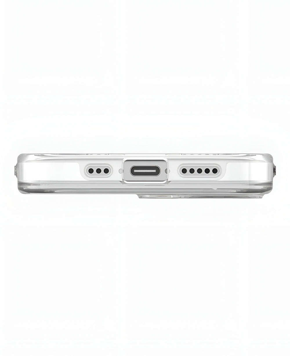 iPhone 17 uyumlu Uniq Clario Magsafe kılıfın şarj girişi ve hoparlör detayları.